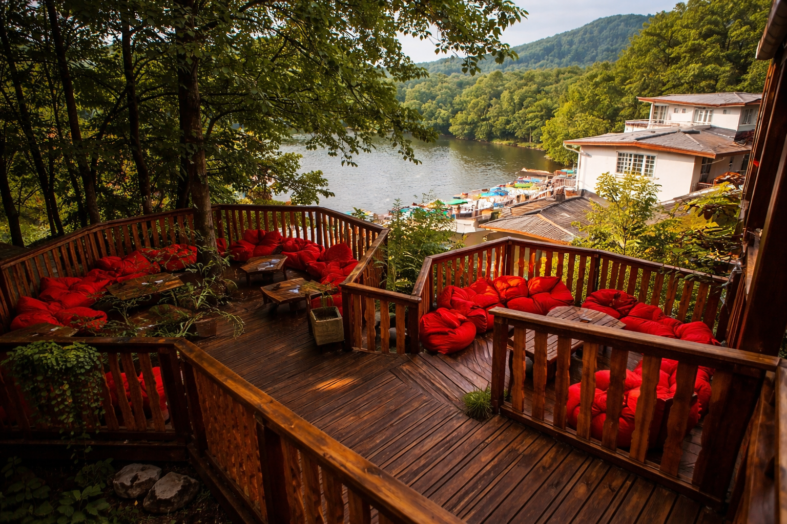 Waterfront scene with calm surface